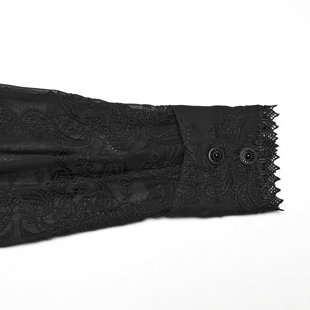 WY-1787CCM Elegant Sheer Lace Button-Up Gothic Shirt with High Collar