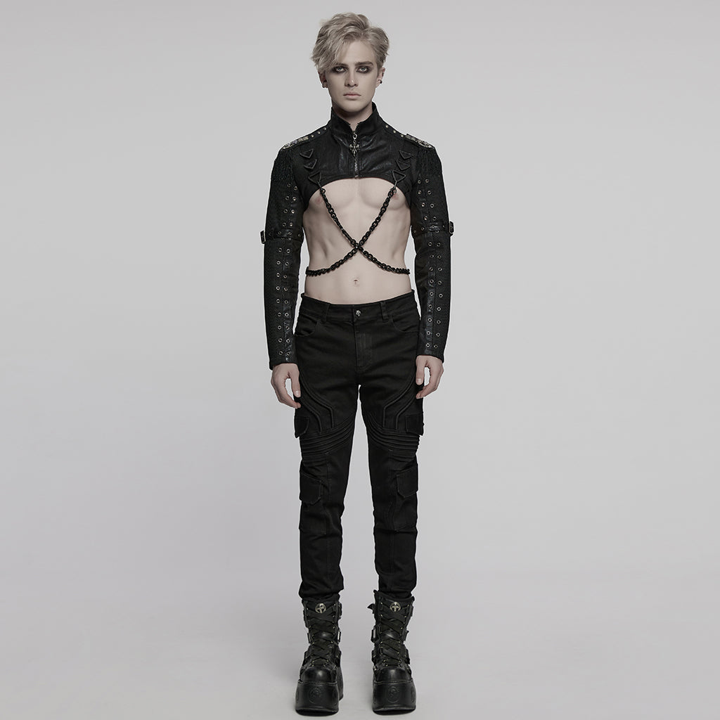WY-1788XDM Edgy Black Chain-Ring Punk Jackets Unique Cropped Design