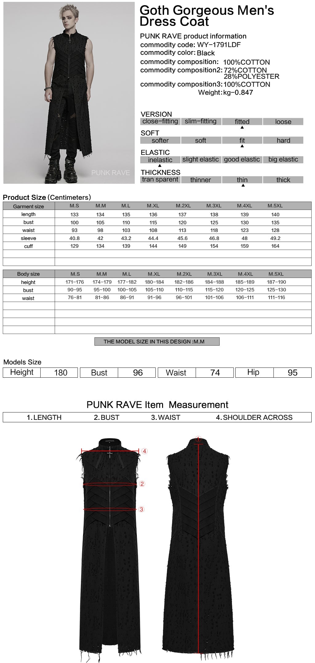 WY-1792MJM Mens Gothic Sleeveless Coat with Frayed Edge Details