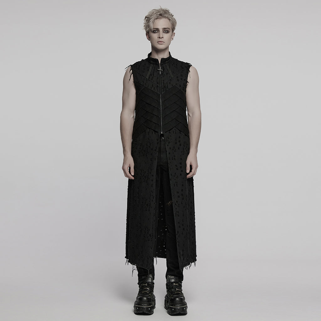 WY-1792MJM Mens Gothic Sleeveless Coat with Frayed Edge Details