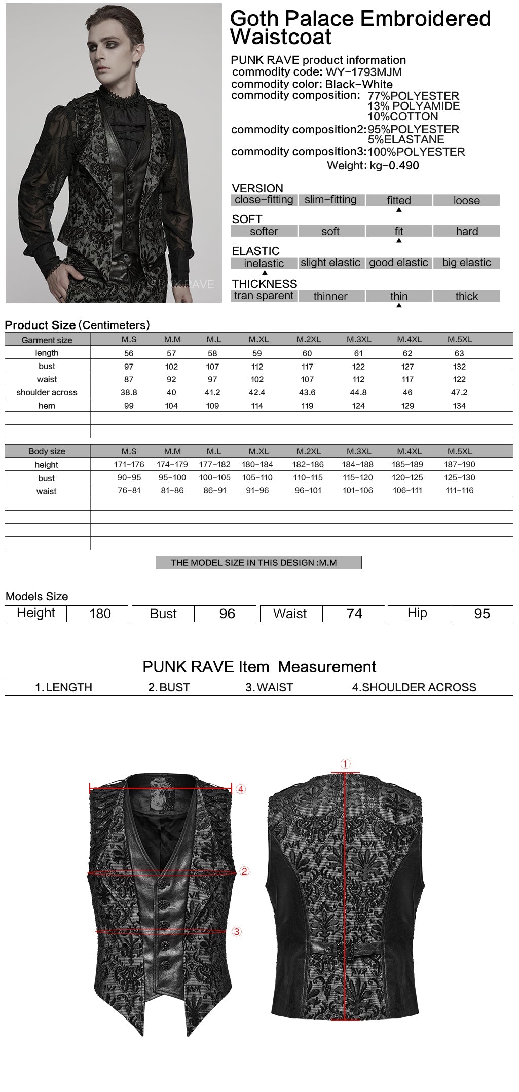 WY-1793MJM Mens Gothic Vest Embroidered Lace Button Up Vintage Style