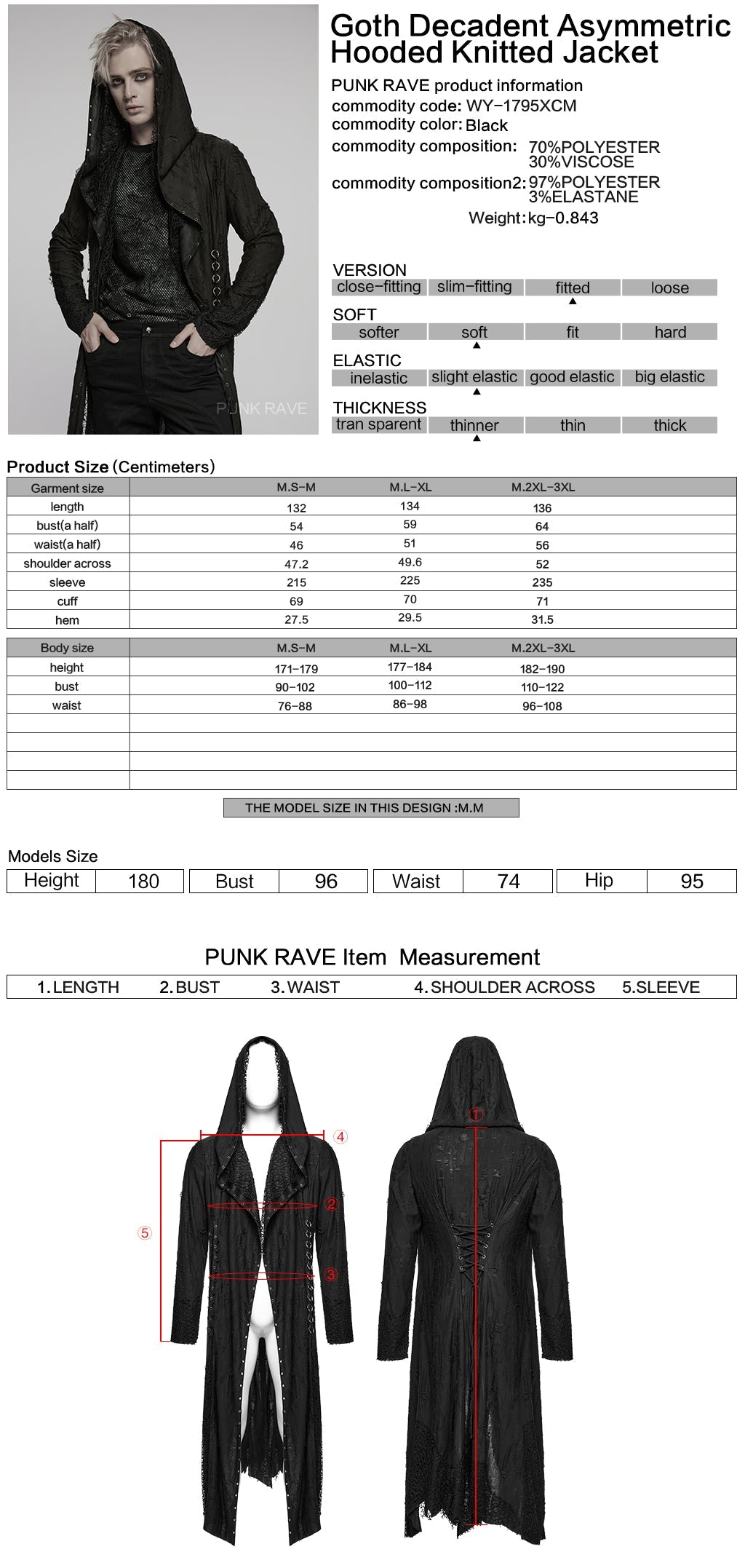 WY-1795XCM Mens Gothic Jacket Hooded Long Trench Coat with Chains