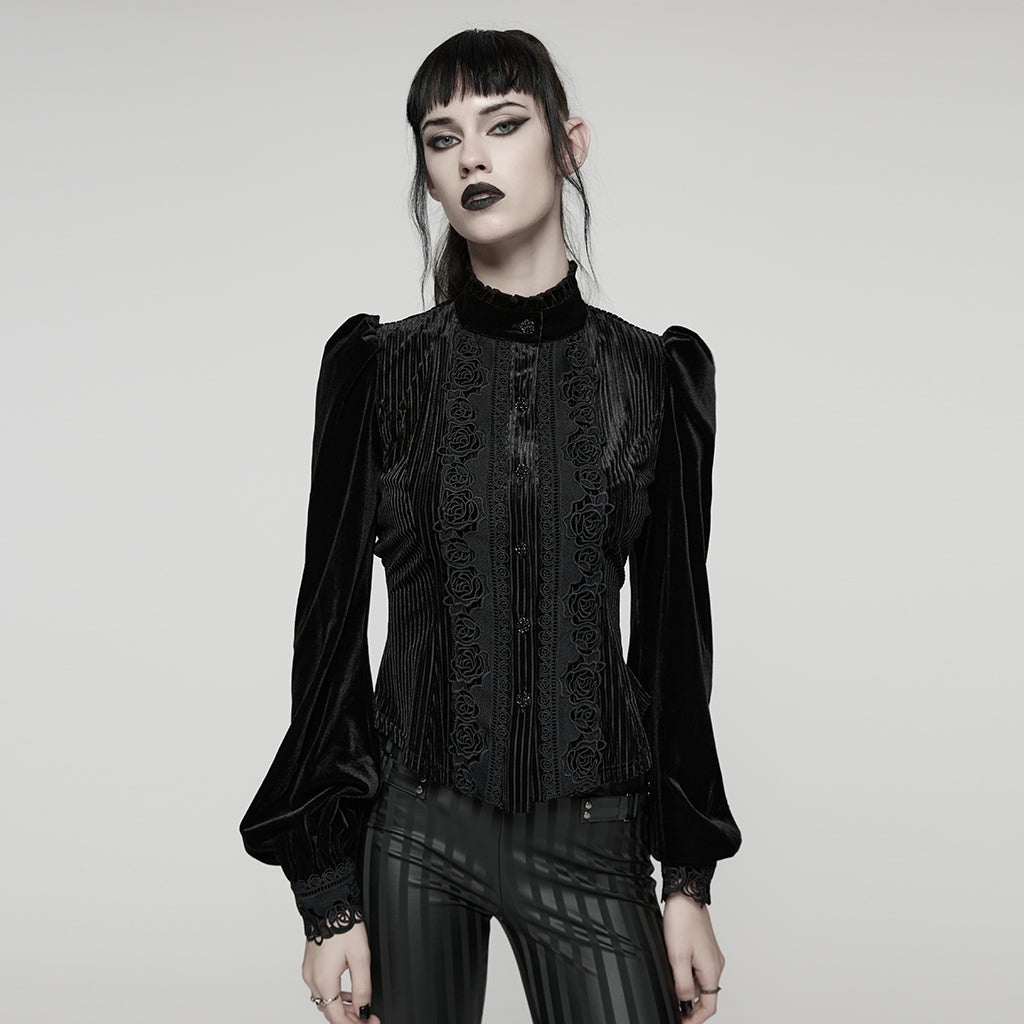 WY-1798CCF Velvet Victorian Lace Gothic Shirt Puff Sleeve Black