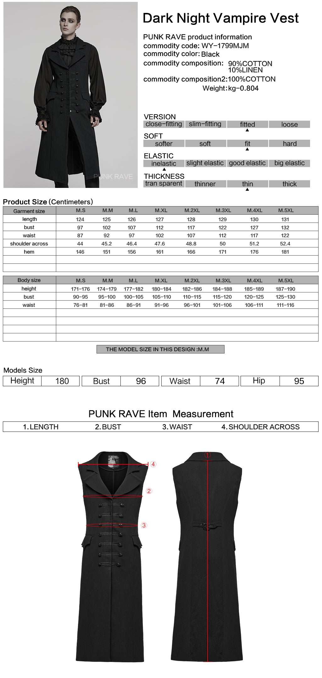 WY-1799MJM Gothic Vest Long Tailcoat Sleek Dark Victorian Design
