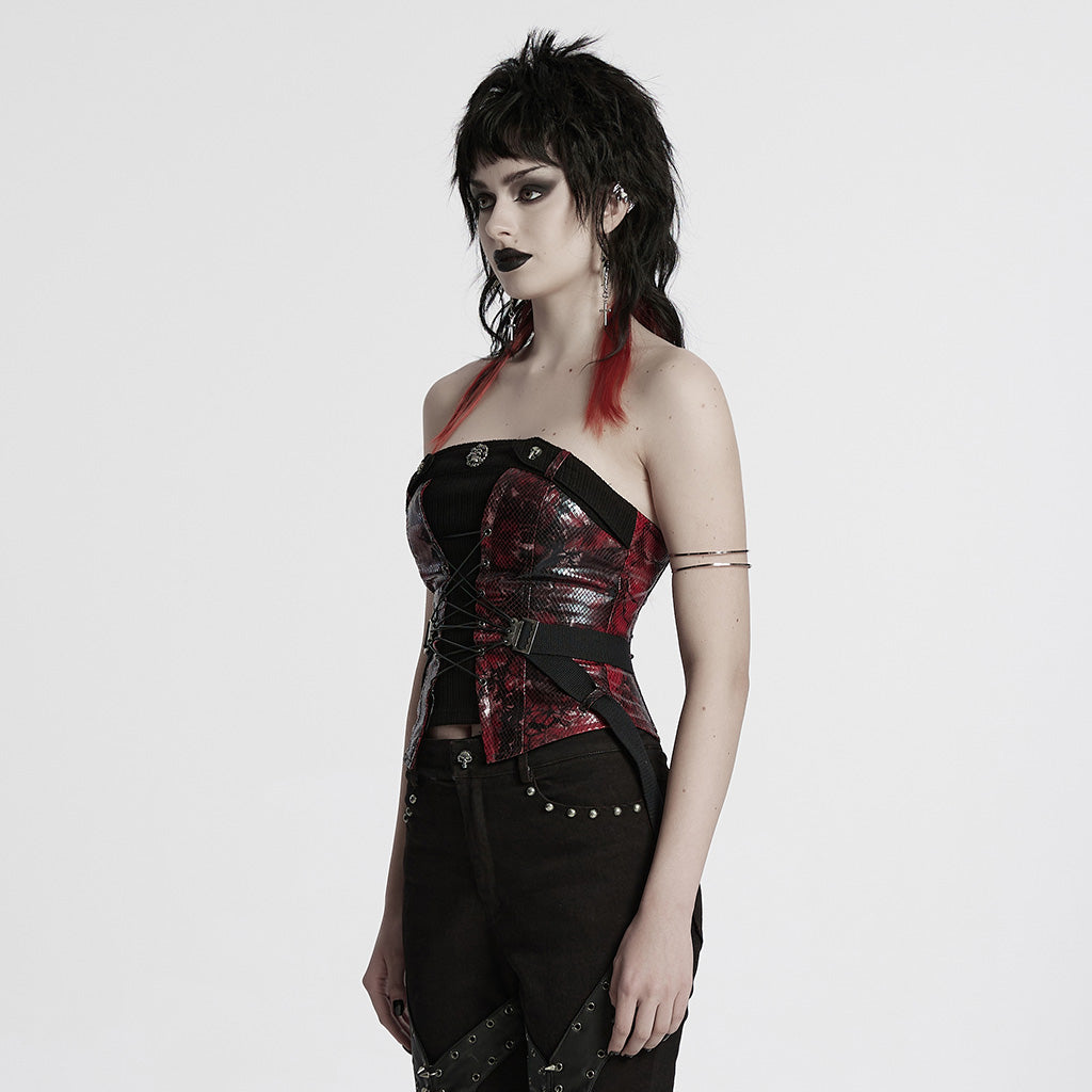 WY-1802MXF Edgy Punk Corset with Red Snakeskin Look and Buckle Straps