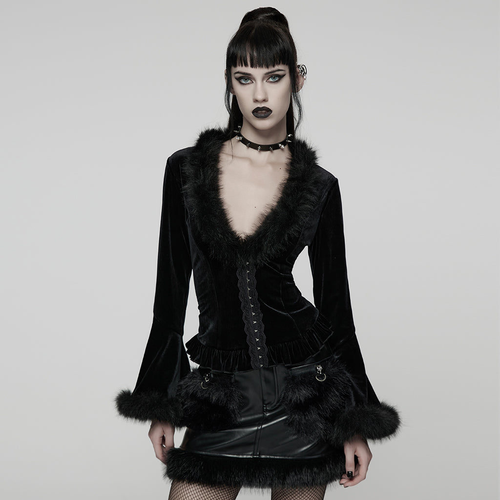 WY-1804XDF Gothic Jacket Black Velvet Fur Trim Bell Sleeves