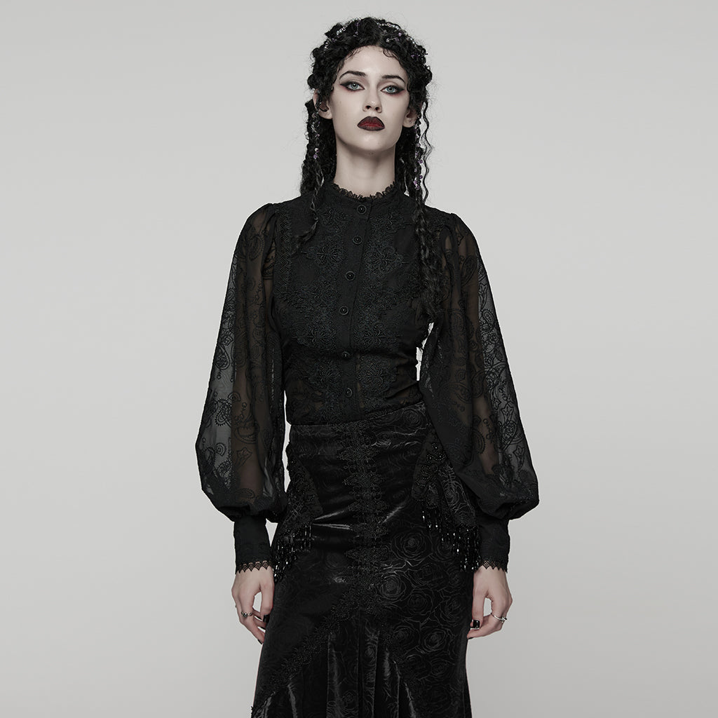 WY-1805CCF Gothic Shirt Sheer Embroidered Lace Victorian Blouse Long Sleeves