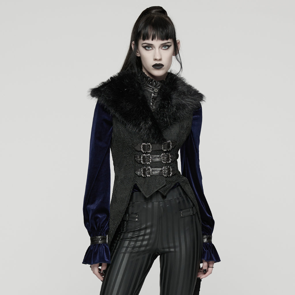 WY-1806MJF Gothic Faux Fur Collar Buckle Detail Waistcoat Vest
