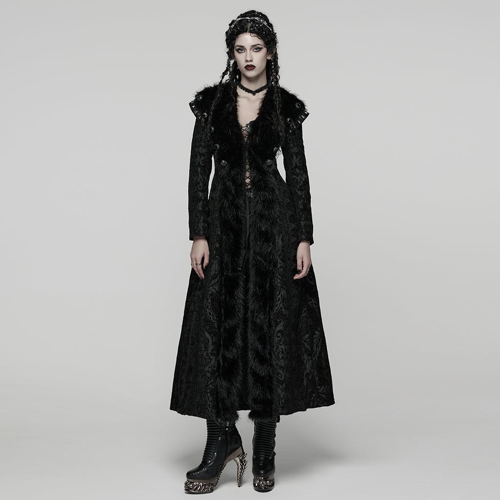 WY-1808XCF Luxurious Long Gothic Coat Faux Fur Trimmed Elegance