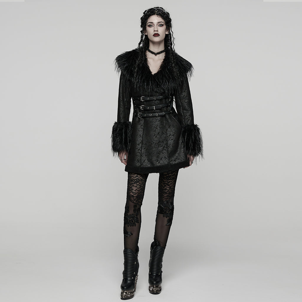 WY-1812ECF Gothic Coat Faux Fur Trimmed Buckle Detail Long Sleeve