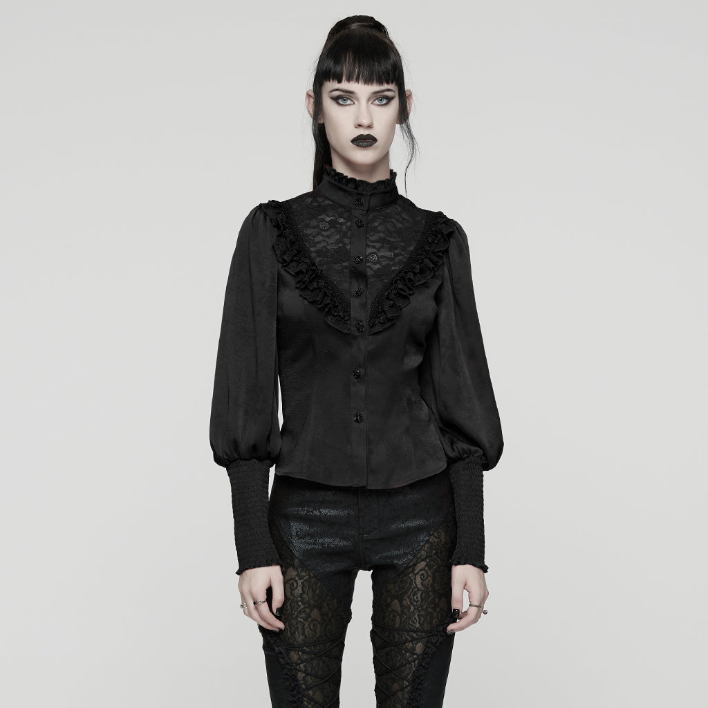 WY-1818CCF Gothic Shirt Victorian Lace Ruffle High Collar Long Sleeves Top