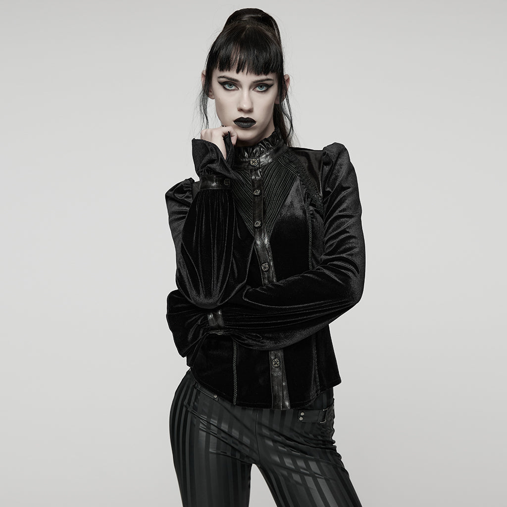 WY-1819CCF Elegant Black Velvet Lace-Up Gothic Shirt Top