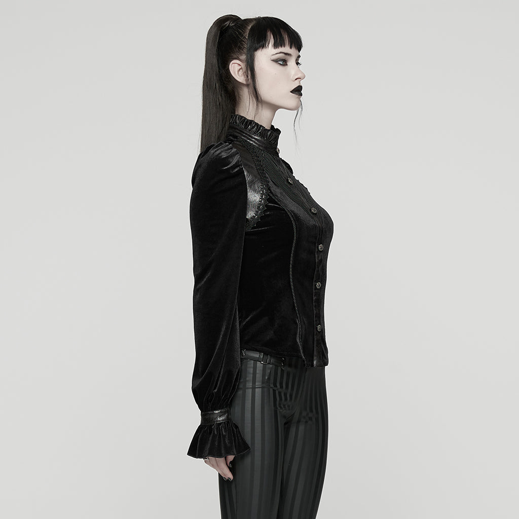 WY-1819CCF Elegant Black Velvet Lace-Up Gothic Shirt Top