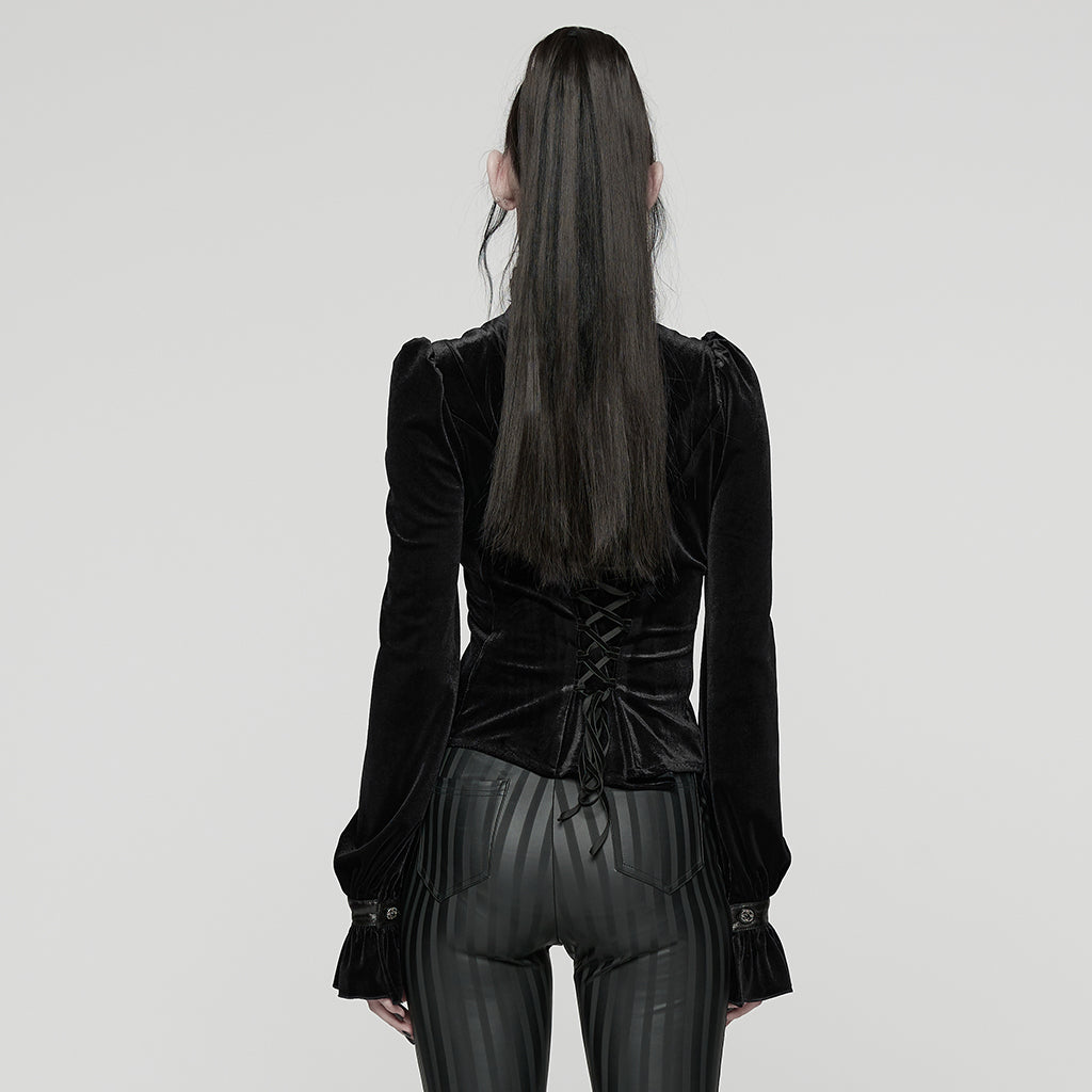 WY-1819CCF Elegant Black Velvet Lace-Up Gothic Shirt Top