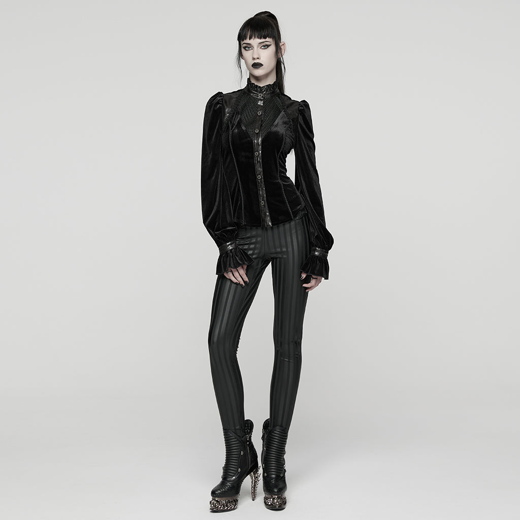 WY-1819CCF Elegant Black Velvet Lace-Up Gothic Shirt Top