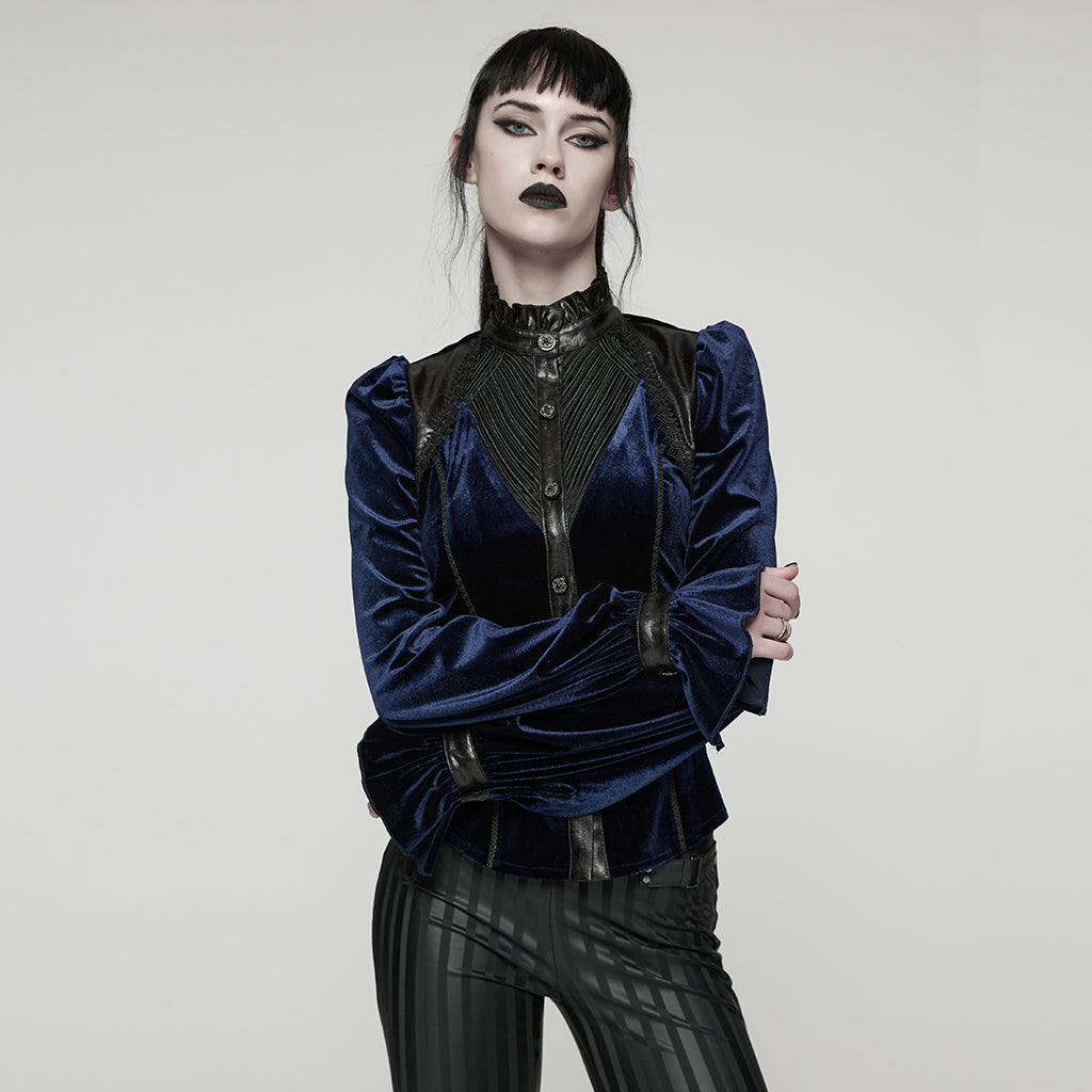 WY-1819CCF Elegant Black Velvet Lace-Up Gothic Shirt Top