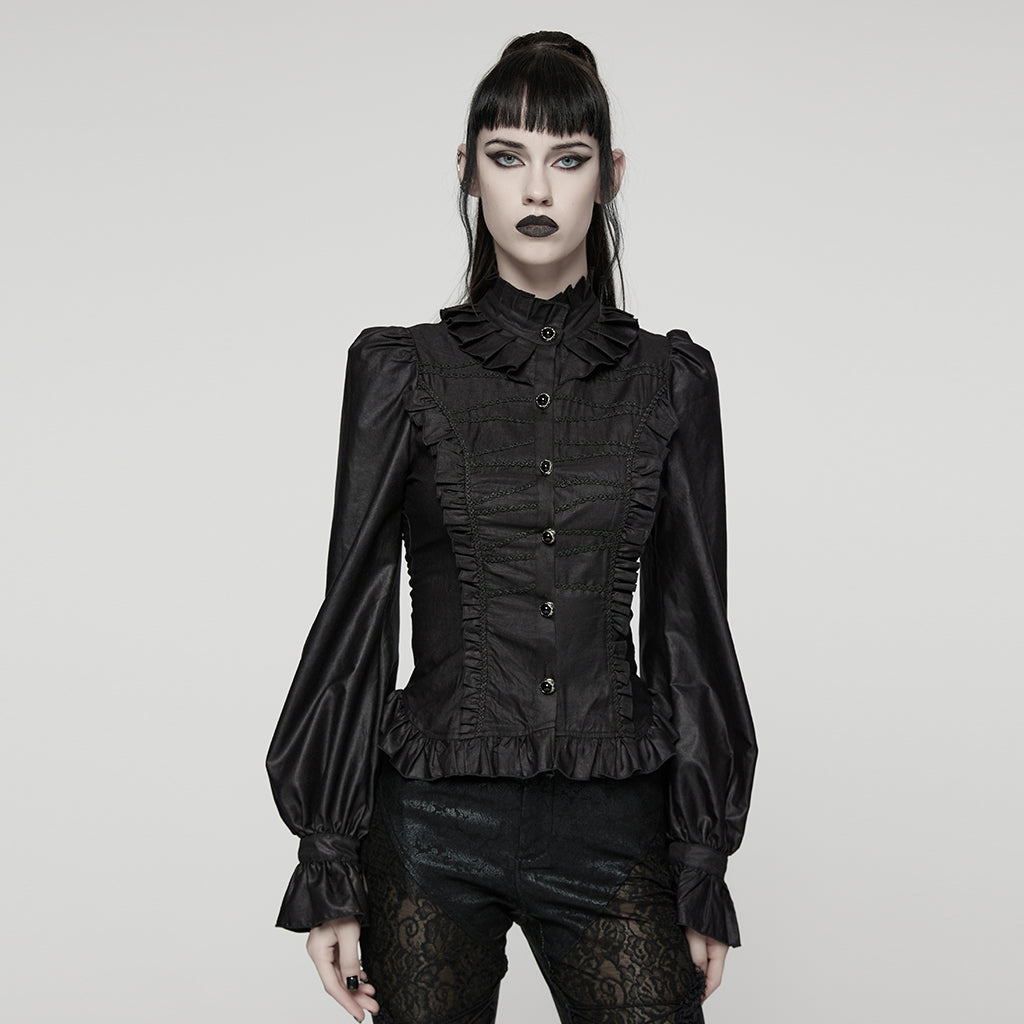 WY-1821CCF Gothic Shirts Victorian Ruffled Button-Up Blouse with High Collar