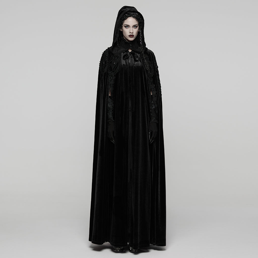 WY-1824DPF Velvet Gothic Coat with Hood and Elegant Lace Trim