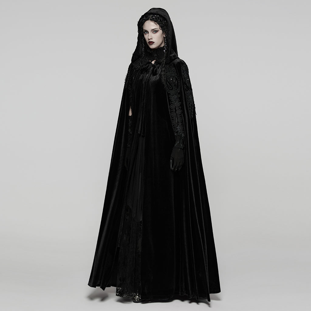 WY-1824DPF Velvet Gothic Coat with Hood and Elegant Lace Trim