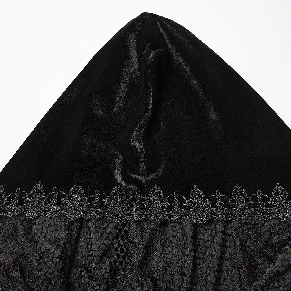 WY-1824DPF Velvet Gothic Coat with Hood and Elegant Lace Trim