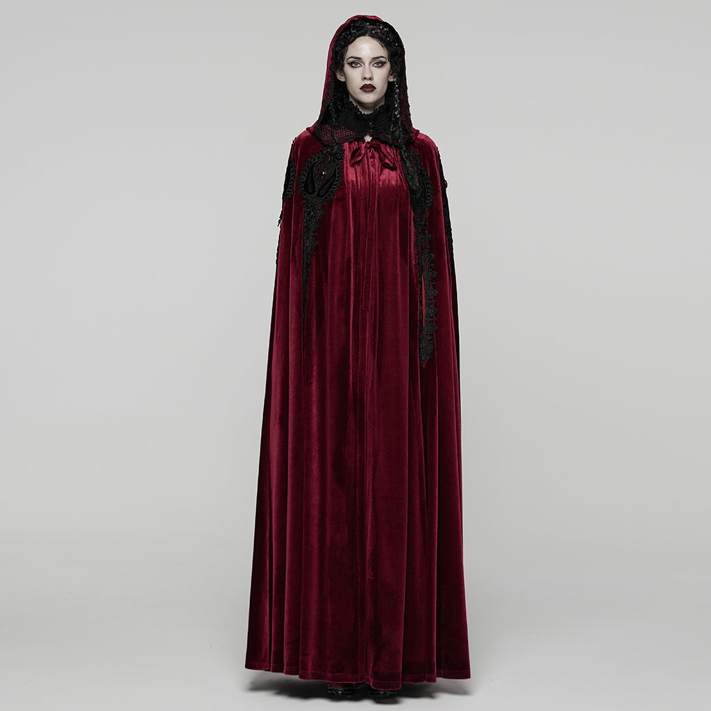 WY-1824DPF Velvet Gothic Coat with Hood and Elegant Lace Trim