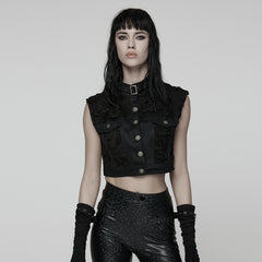 WY-1825MJF Gothic Black Cropped Punk Vests with Studded Accents and Buckle Neck