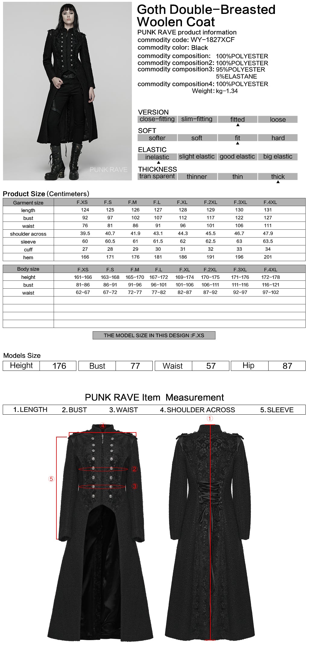 WY-1827XCF Womens Long Black Gothic Coat Victorian Military Style Jacket