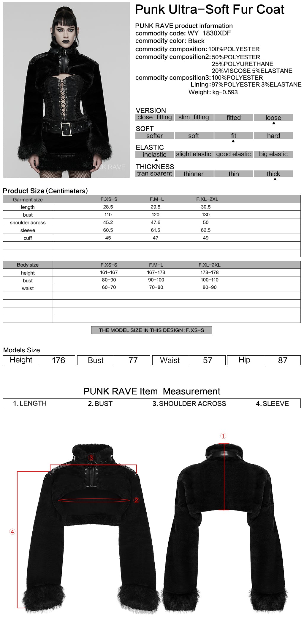 WY-1830XDF Faux Fur Punk Coat Cropped Black Red Striped Jacket