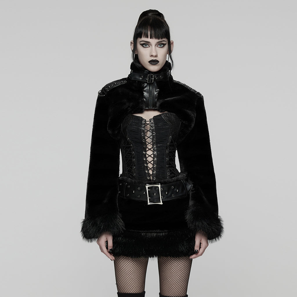 WY-1830XDF Faux Fur Punk Coat Cropped Black Red Striped Jacket
