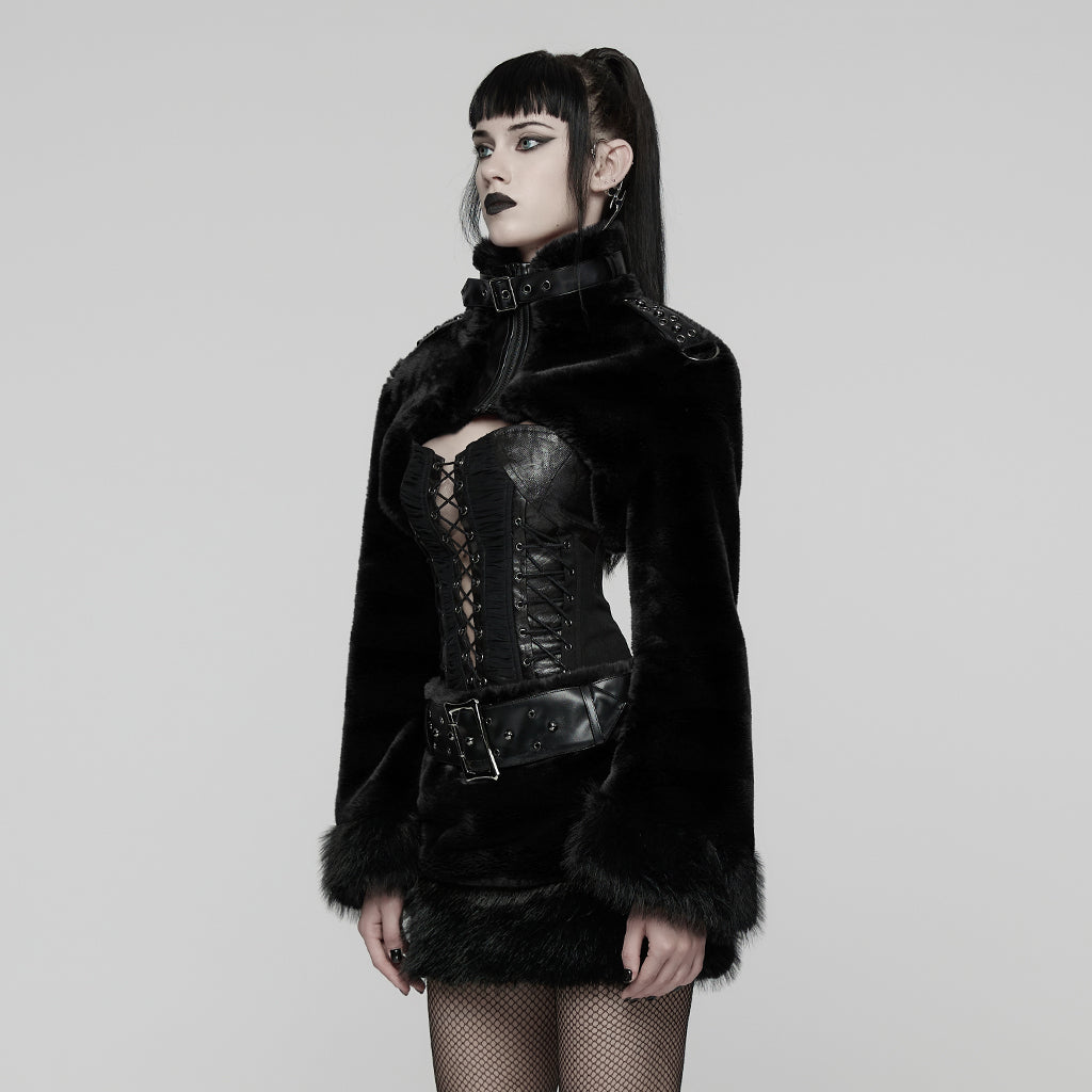 WY-1830XDF Faux Fur Punk Coat Cropped Black Red Striped Jacket