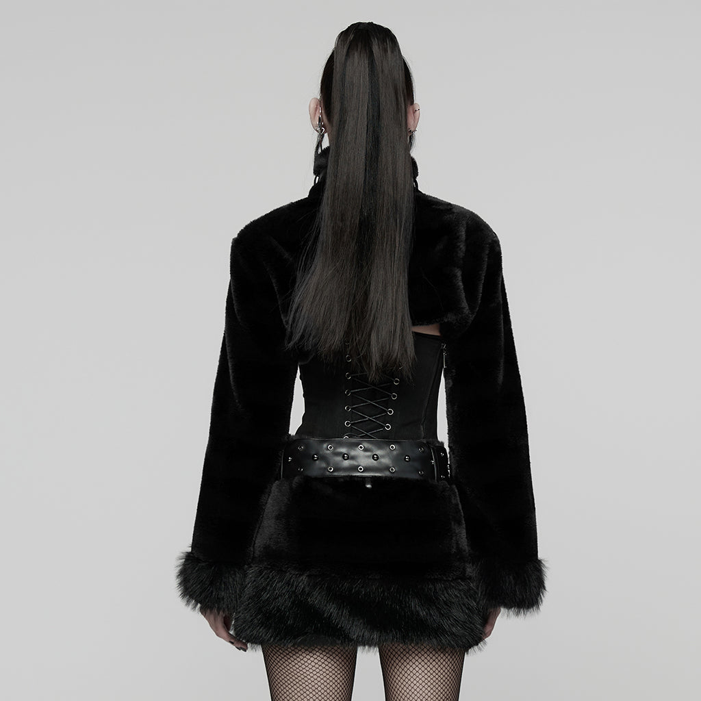 WY-1830XDF Faux Fur Punk Coat Cropped Black Red Striped Jacket
