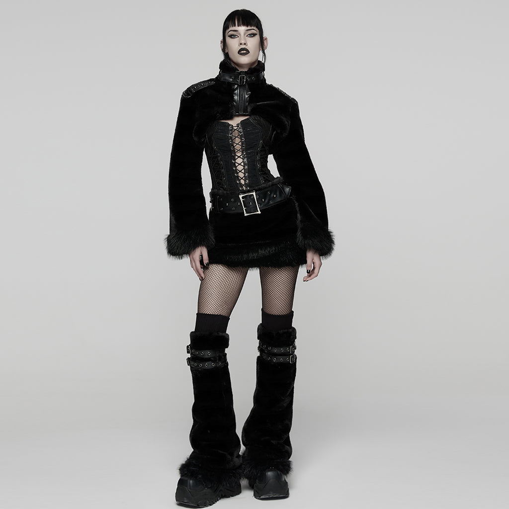 WY-1830XDF Faux Fur Punk Coat Cropped Black Red Striped Jacket