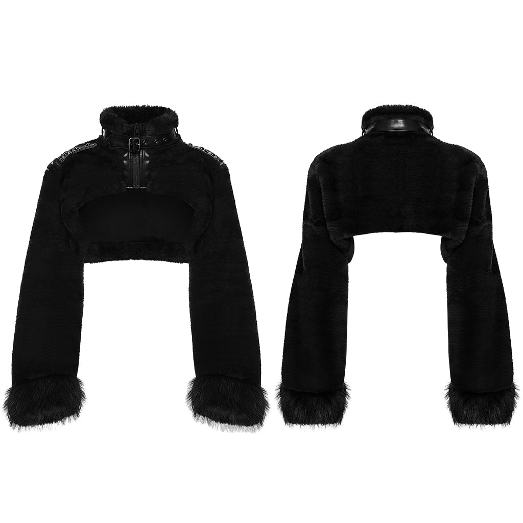 WY-1830XDF Faux Fur Punk Coat Cropped Black Red Striped Jacket