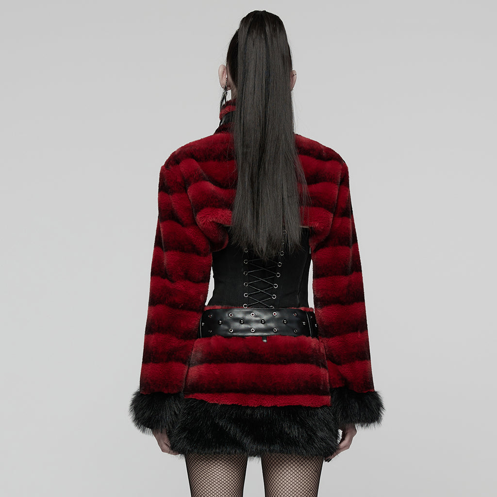 WY-1830XDF Faux Fur Punk Coat Cropped Black Red Striped Jacket