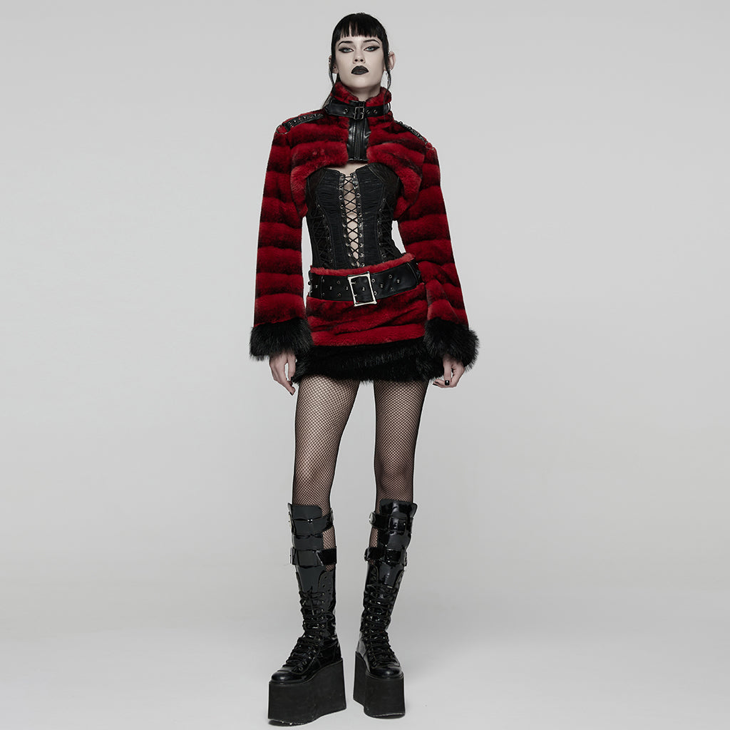 WY-1830XDF Faux Fur Punk Coat Cropped Black Red Striped Jacket