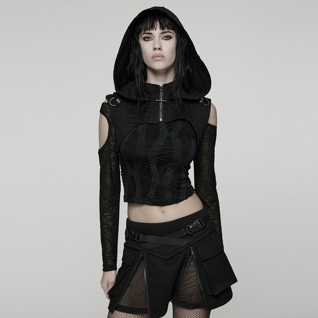 WY-1843MJF Gothic Hooded Punk Vest with Zipper and Buckle Details
