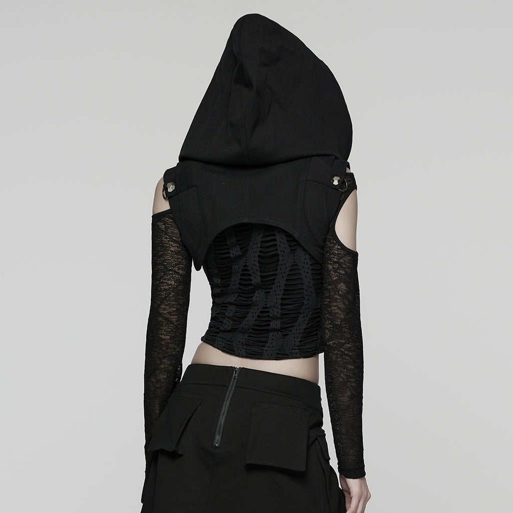 WY-1843MJF Gothic Hooded Punk Vest with Zipper and Buckle Details