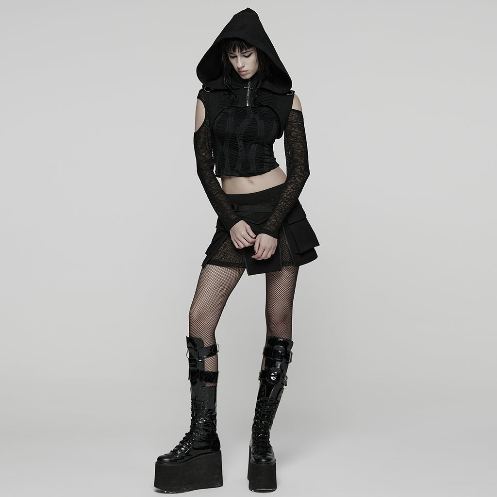 WY-1843MJF Gothic Hooded Punk Vest with Zipper and Buckle Details