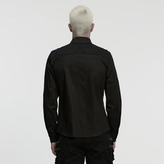 WY-1845CCM Edgy Black Button-Up Punk Shirt with Studded Shoulders Edgy Black Punk Shirts with Distressed and Stud Details