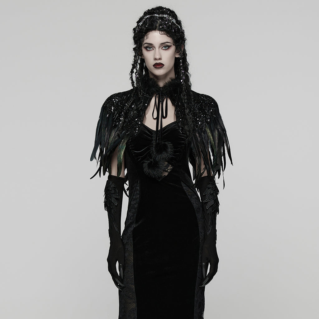 WY-1861DPF Gothic Feather Sequin Cape Black Fur Trim Accessory