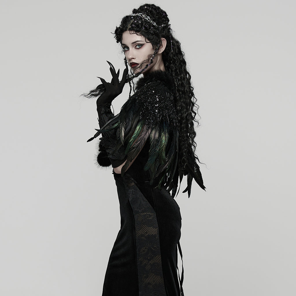 WY-1861DPF Gothic Feather Sequin Cape Black Fur Trim Accessory