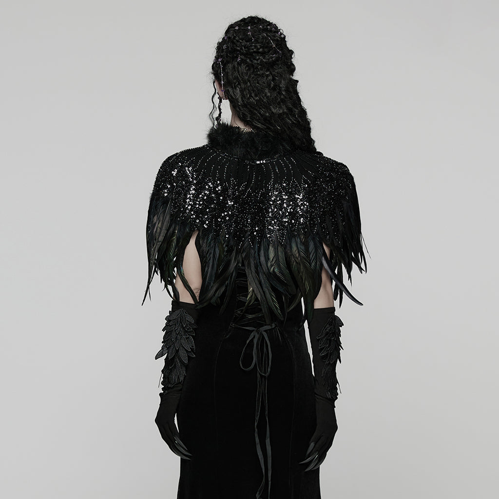 WY-1861DPF Gothic Feather Sequin Cape Black Fur Trim Accessory