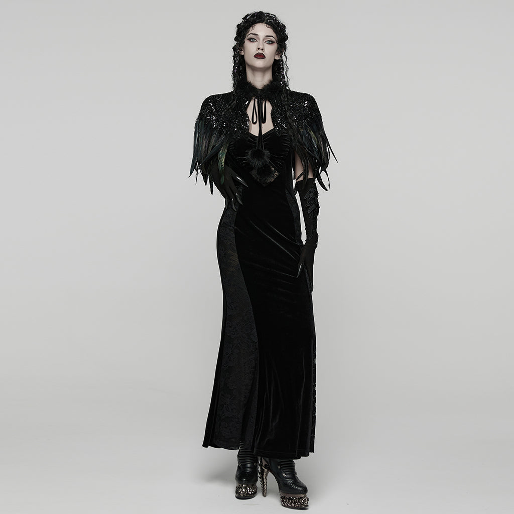 WY-1861DPF Gothic Feather Sequin Cape Black Fur Trim Accessory