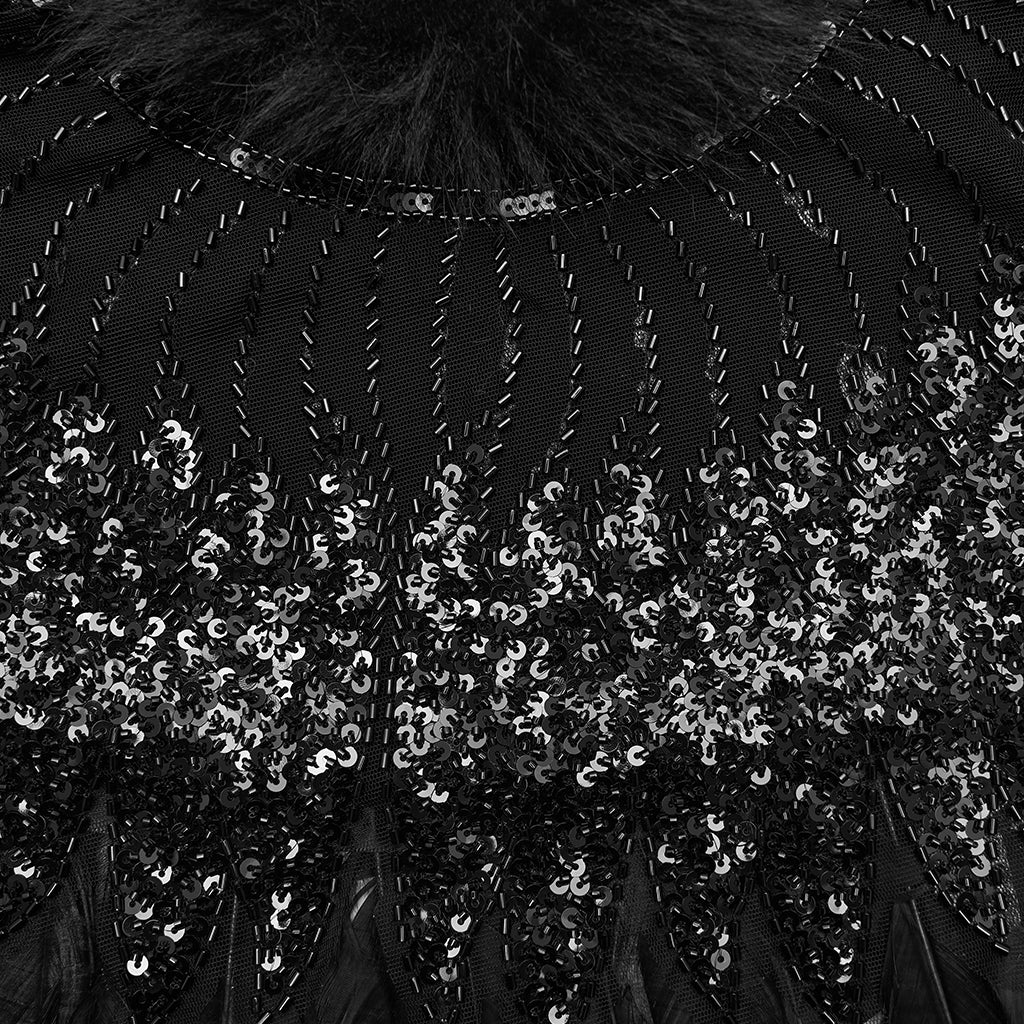 WY-1861DPF Gothic Feather Sequin Cape Black Fur Trim Accessory