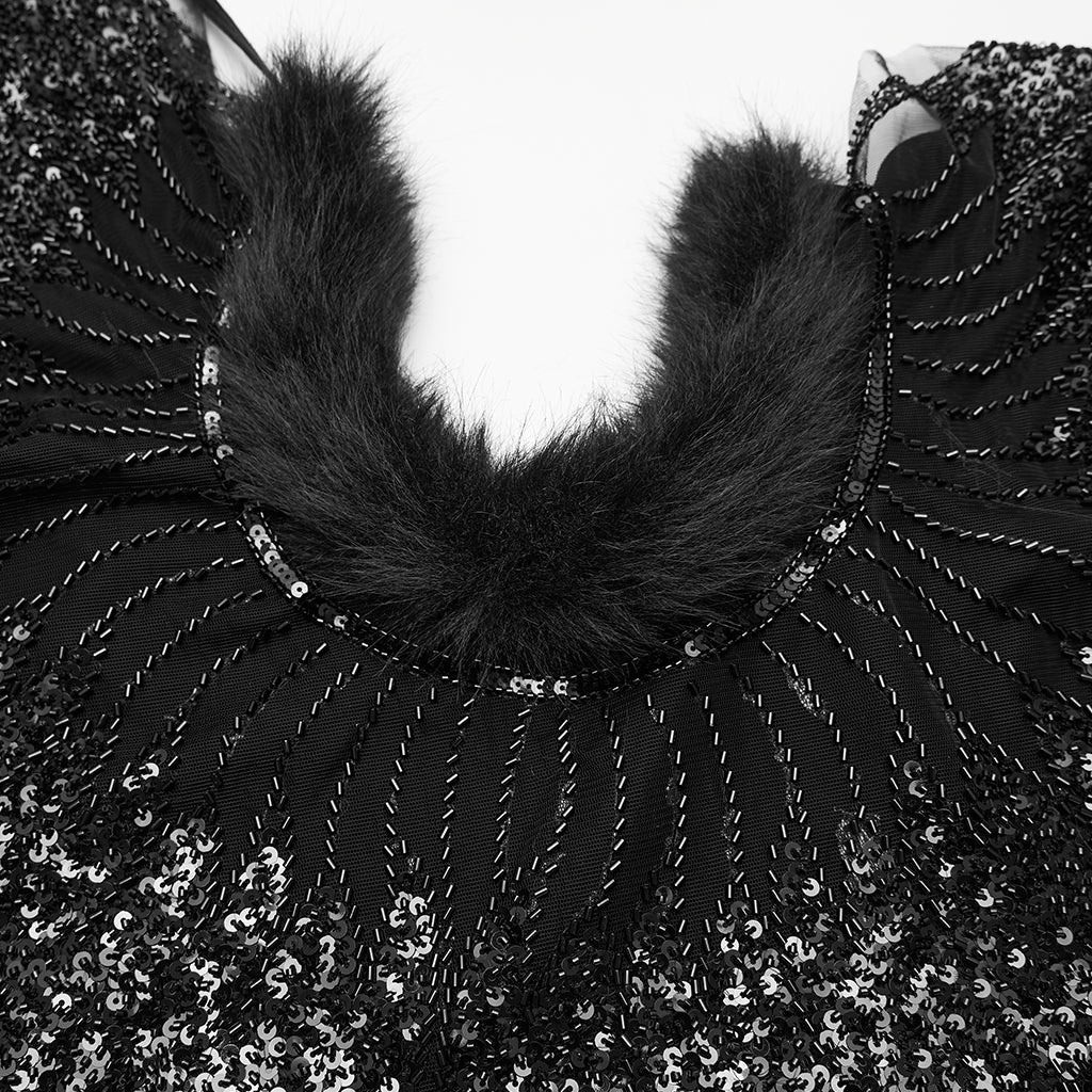 WY-1861DPF Gothic Feather Sequin Cape Black Fur Trim Accessory
