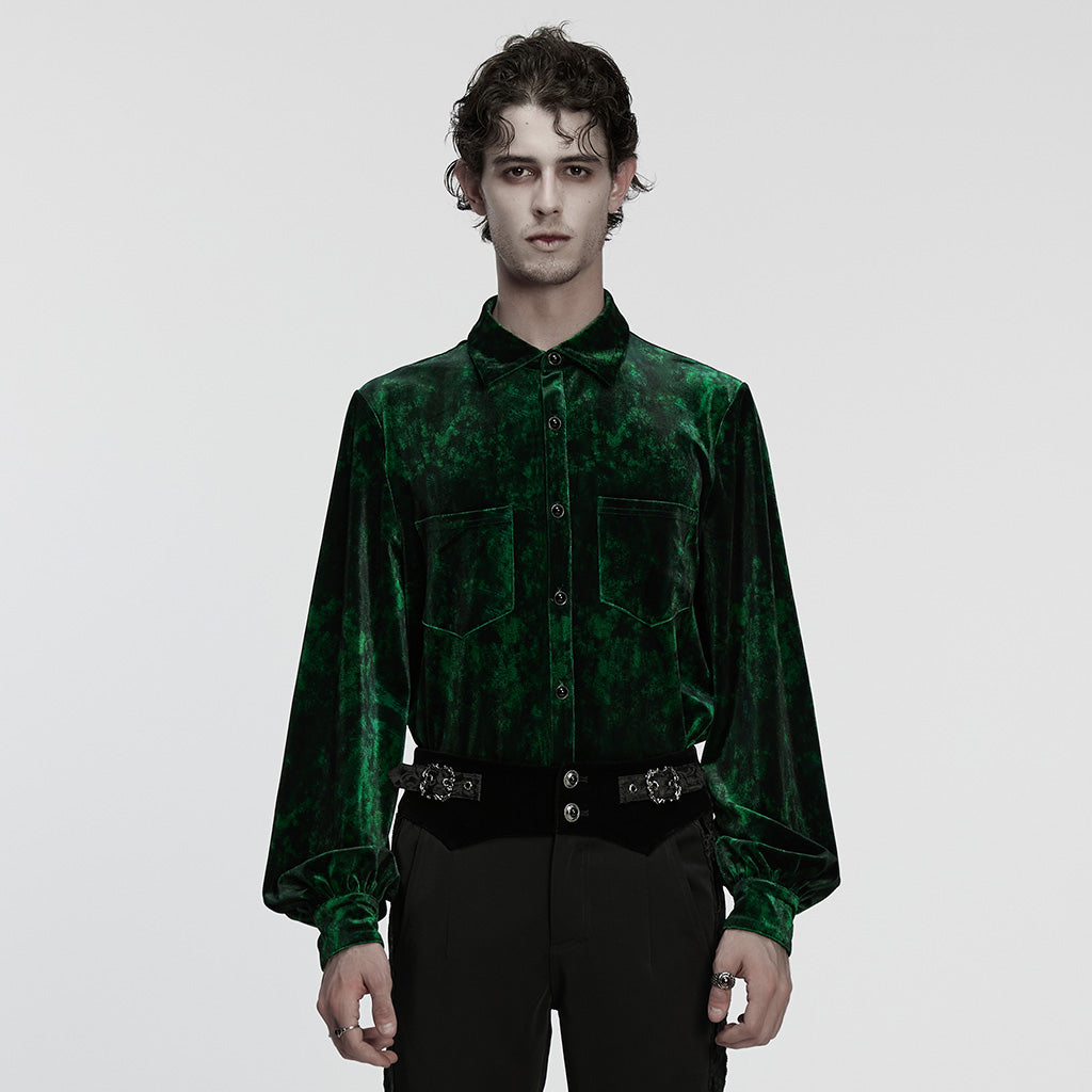 WY-1864CCM Velvet Gothic Shirts Emerald Green Button-Up Long Sleeve Mystery
