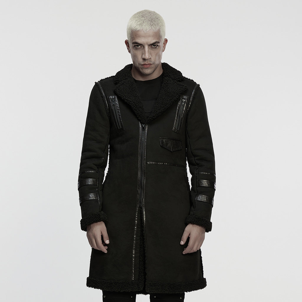 WY-1866ECM Edgy Longline Punk Coat with Shearling Trim and Zipper Accents