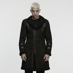 WY-1866ECM Edgy Longline Punk Coat with Shearling Trim and Zipper Accents