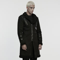 WY-1866ECM Edgy Longline Punk Coat with Shearling Trim and Zipper Accents