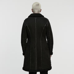 WY-1866ECM Edgy Longline Punk Coat with Shearling Trim and Zipper Accents
